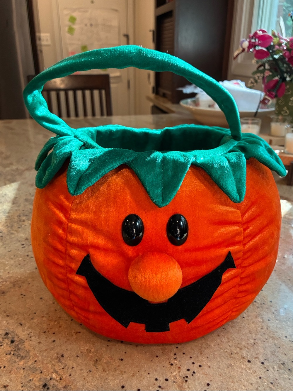 VTG Dan Dee Plush Pumpkin Halloween Basket Trick or Treat Bucket Orange Green